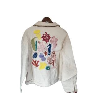 La Ros Womens Embroidered Sea Life Jacket M Cream Coastal Mermaidcore Nautical